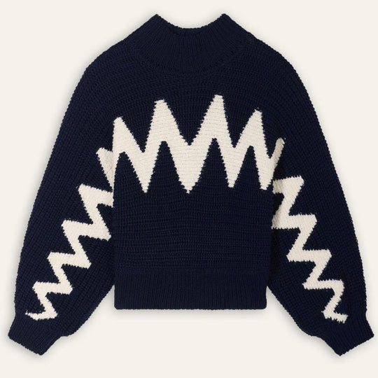 ba&sh Ondie Jumper - Oversized Sweater i Marine med Grafisk Inspiration