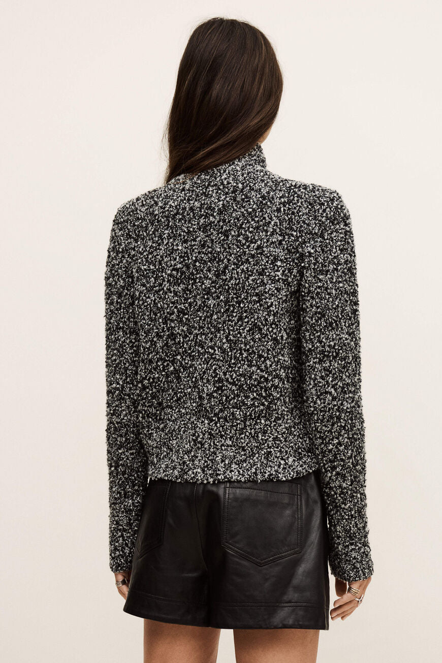 ba&sh Cardigan Carla Anthracite – uldmix med elastan, åben front og ribkanter – varm, komfortabel og stilfuld.
