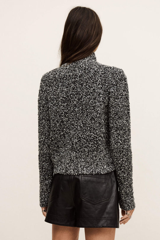 ba&sh Cardigan Carla Anthracite – uldmix med elastan, åben front og ribkanter – varm, komfortabel og stilfuld.
