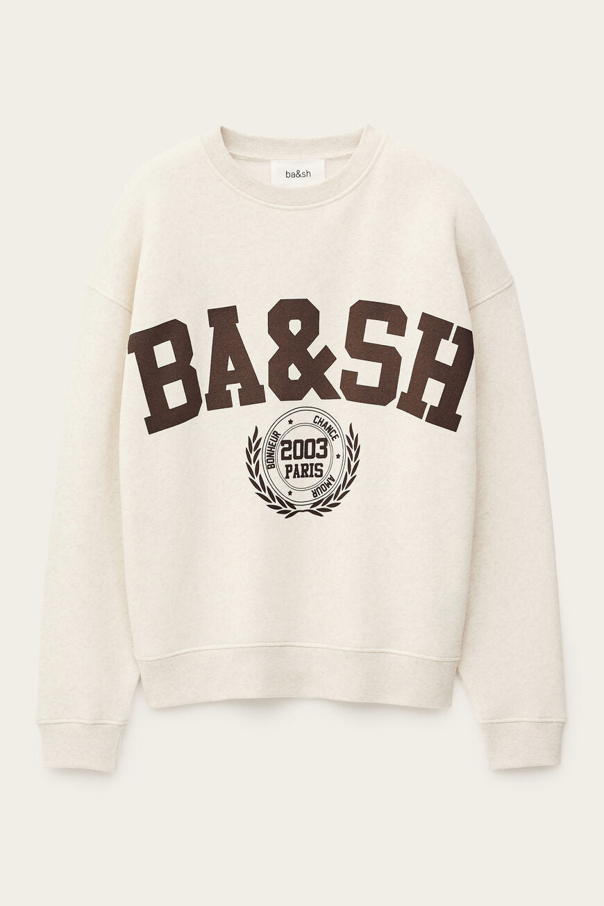 ba&sh Fenja Sweat i beige chiné – cropped sweatshirt med rund hals, ribkanter og loose fit for et casual, campus-inspireret look.
