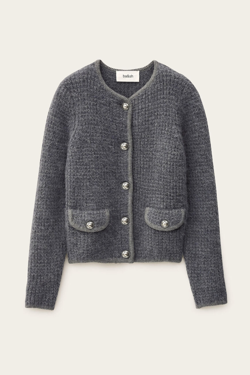 ba&sh Harry Cardigan i Anthracite – luksuriøs alpaka-blend med struktureret vævning og markante knapdetaljer.
