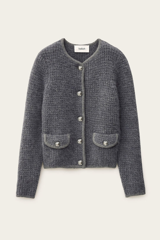 ba&sh Harry Cardigan i Anthracite – luksuriøs alpaka-blend med struktureret vævning og markante knapdetaljer.
