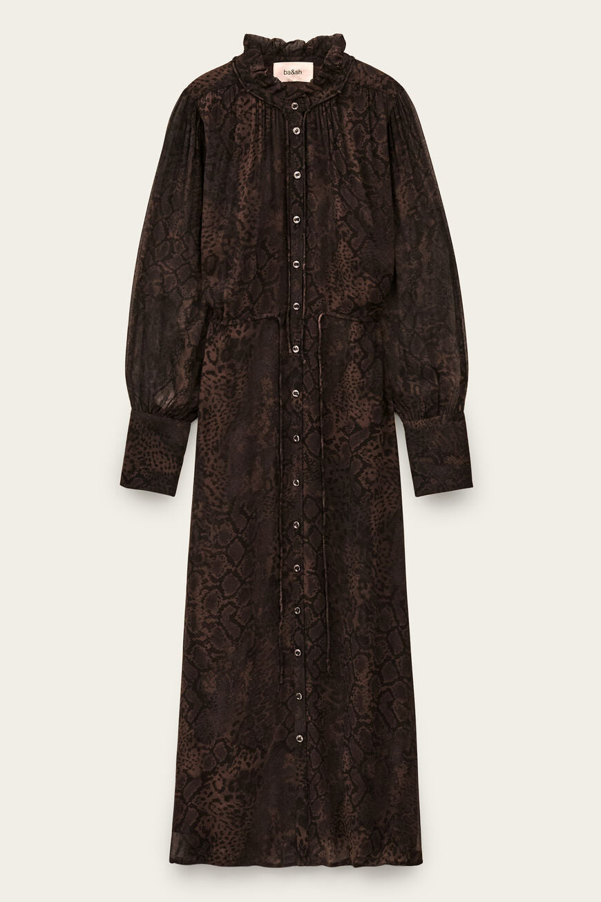 Dress Sahara i marron farve, midi-længde, lavet af 100% viscose – let og flydende pasform, elegant og alsidig.
