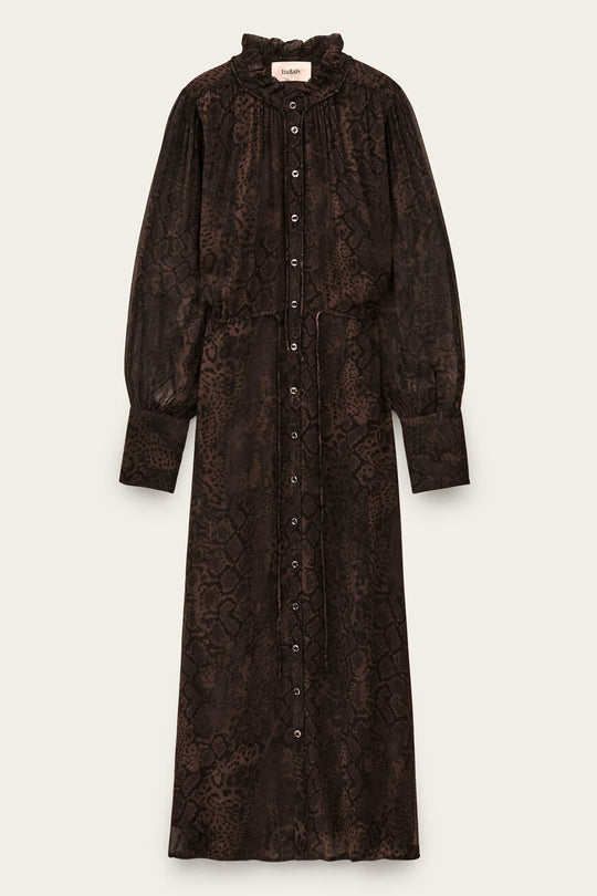 Dress Sahara i marron farve, midi-længde, lavet af 100% viscose – let og flydende pasform, elegant og alsidig.
