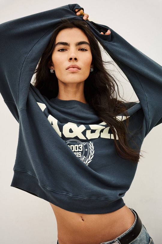 Benjamin sweatshirt i bleu med løs pasform, kort længde og college-inspireret logo. Lavet i økologisk bomuld med stræk. 
