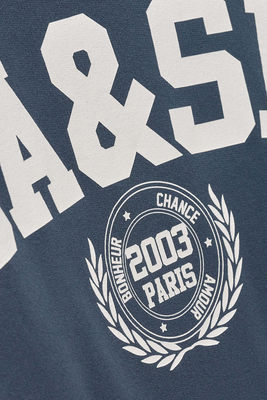 Benjamin sweatshirt i bleu med løs pasform, kort længde og college-inspireret logo. Lavet i økologisk bomuld med stræk. 