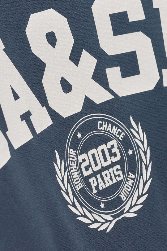 Benjamin sweatshirt i bleu med løs pasform, kort længde og college-inspireret logo. Lavet i økologisk bomuld med stræk. 
