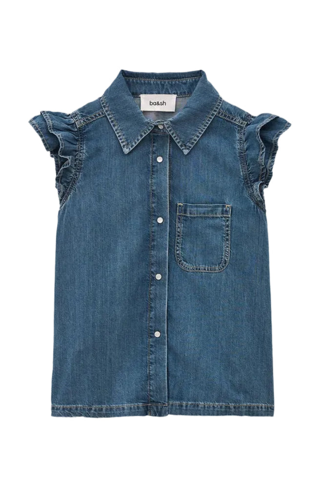 ba&sh Iyoyo Skjorte i blue jeans med flæseærmer og trykknapper.