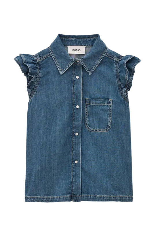 ba&sh Iyoyo Skjorte i blue jeans med flæseærmer og trykknapper.