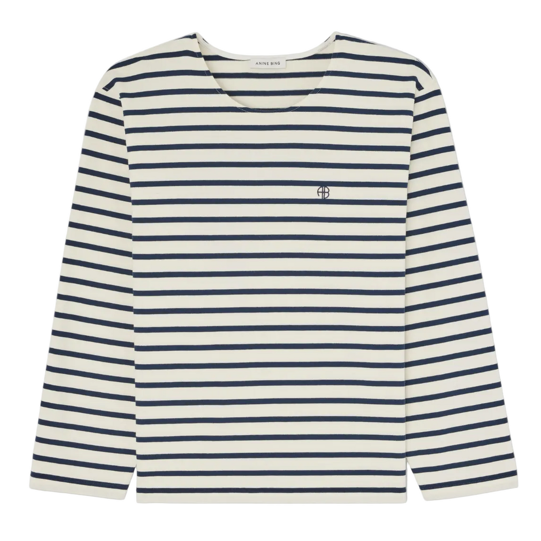Anine Bing Newton Tee i navy stripe – langærmet t-shirt med rund hals, klassiske striber og diskret ANINE BING-logo på brystet.
