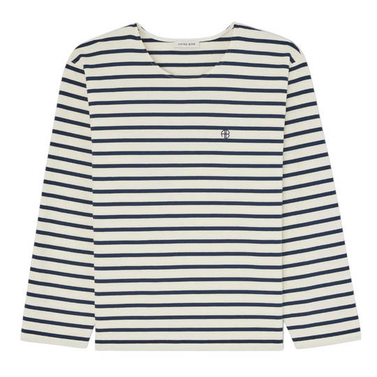 Anine Bing Newton Tee i navy stripe – langærmet t-shirt med rund hals, klassiske striber og diskret ANINE BING-logo på brystet.

