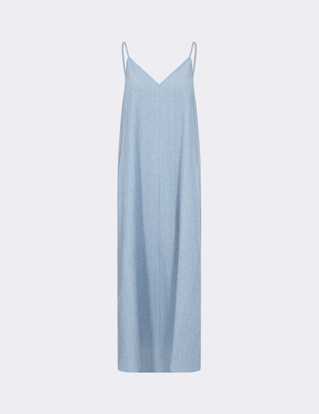 Leveté Room LR-Lennon 4 kjole i 95 % økologisk bomuld med v-udskæring, spaghettistropper og midilængde. Light blue.