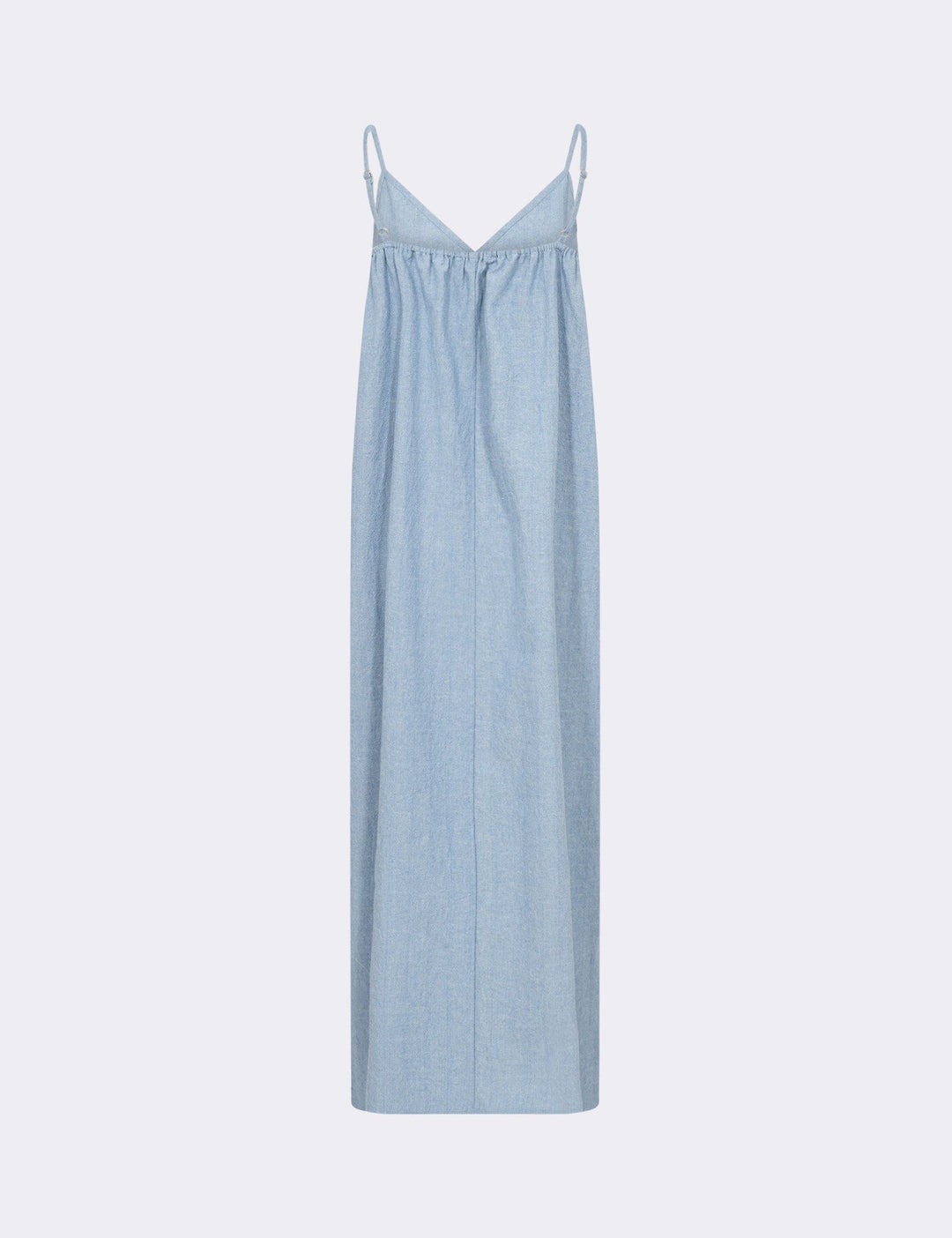 Leveté Room LR-Lennon 4 kjole i 95 % økologisk bomuld med v-udskæring, spaghettistropper og midilængde. Light blue.