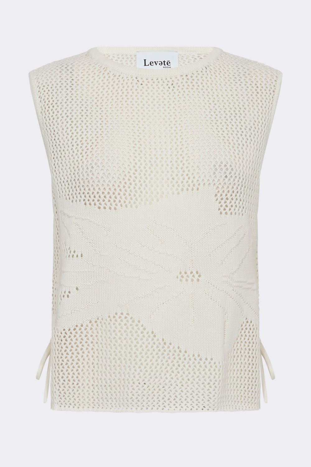 Leveté Room LR-Lian 3 bluse i 100 % økologisk bomuld med hæklet mønster, rund hals og bindedetaljer. Elegant og bæredygtig stil. 