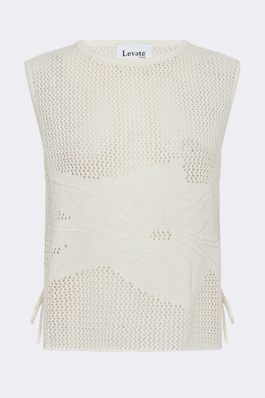 Leveté Room LR-Lian 3 bluse i 100 % økologisk bomuld med hæklet mønster, rund hals og bindedetaljer. Elegant og bæredygtig stil. 