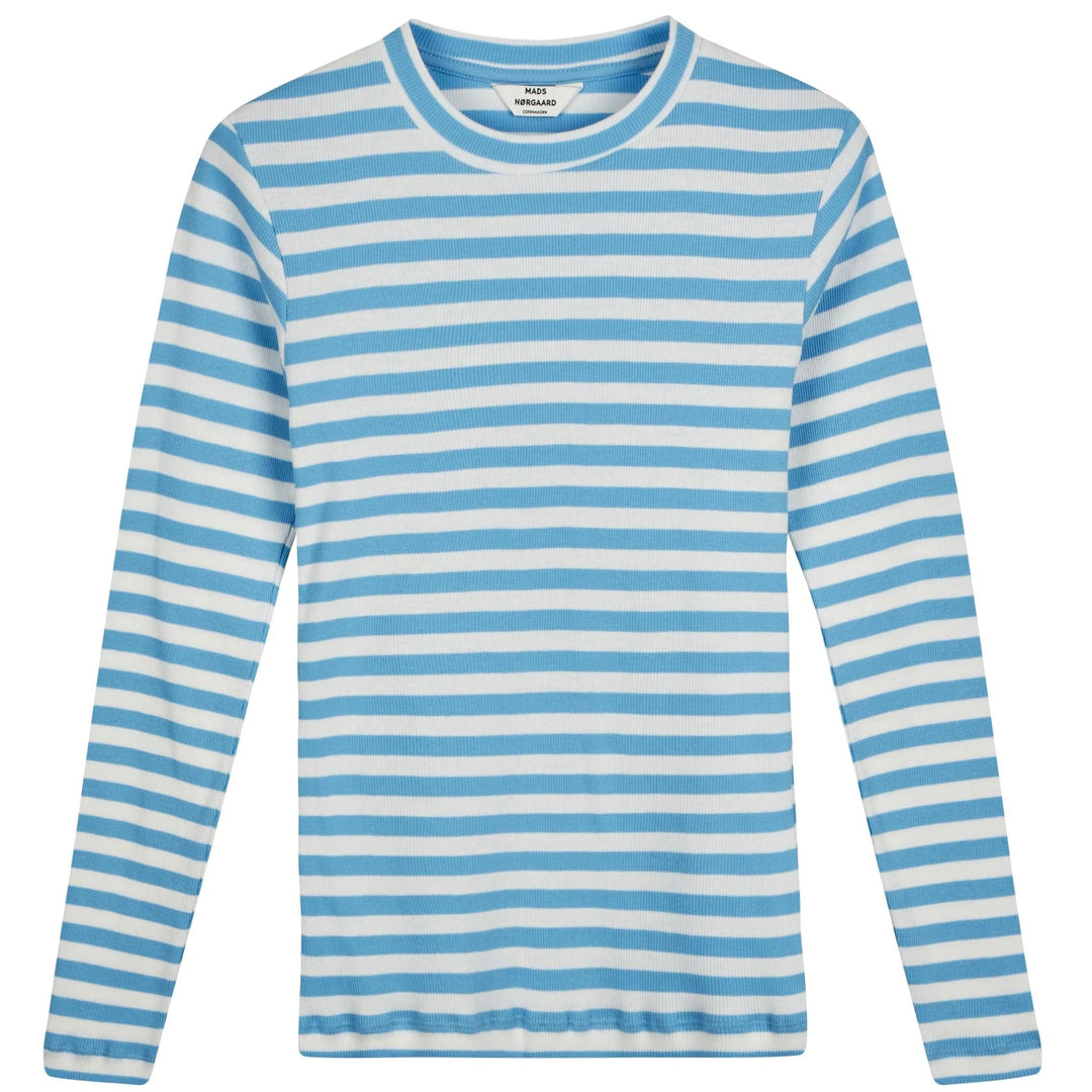 Mads Nørgaard | Langærmet T-shirt | Tuba Tee, 2x2 Cotton Stripe, Alaskan Blue/White Alyssum