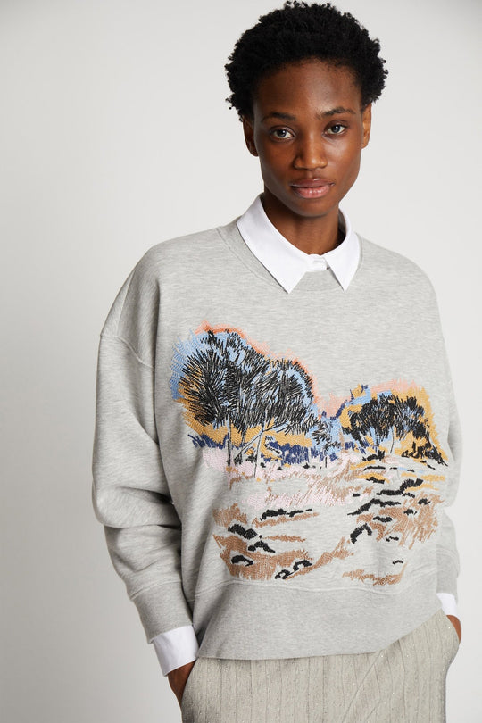 Munthe Sazzily Top Sweatshirt i Lys Grå - Blød Sweatshirt med Kunstbroderi