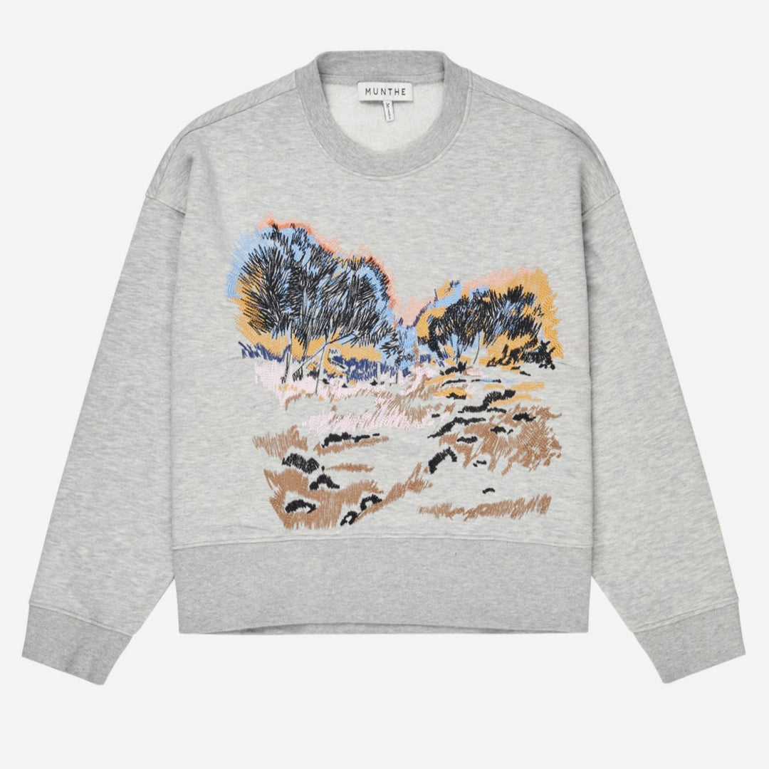 Munthe Sazzily Top Sweatshirt i Lys Grå - Blød Sweatshirt med Kunstbroderi