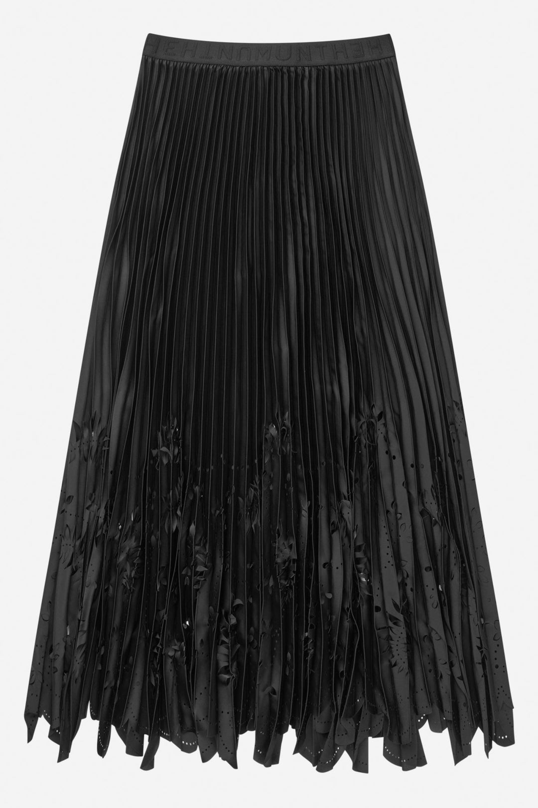 Munthe Charming Skirt – Black. Plisseret midi-nederdel med laserskårne detaljer og elastisk talje med diskret logo.
