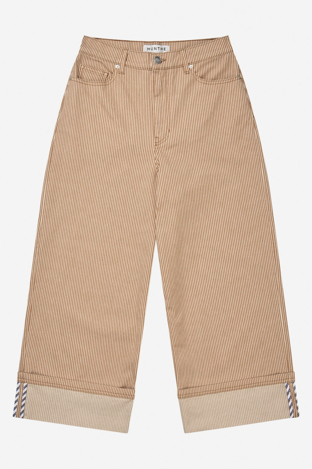 Munthe Navona bukser stripe camel – stribede bukser med cropped længde og opsmøg.