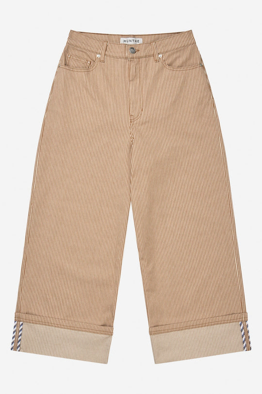 Munthe Navona bukser stripe camel – stribede bukser med cropped længde og opsmøg.