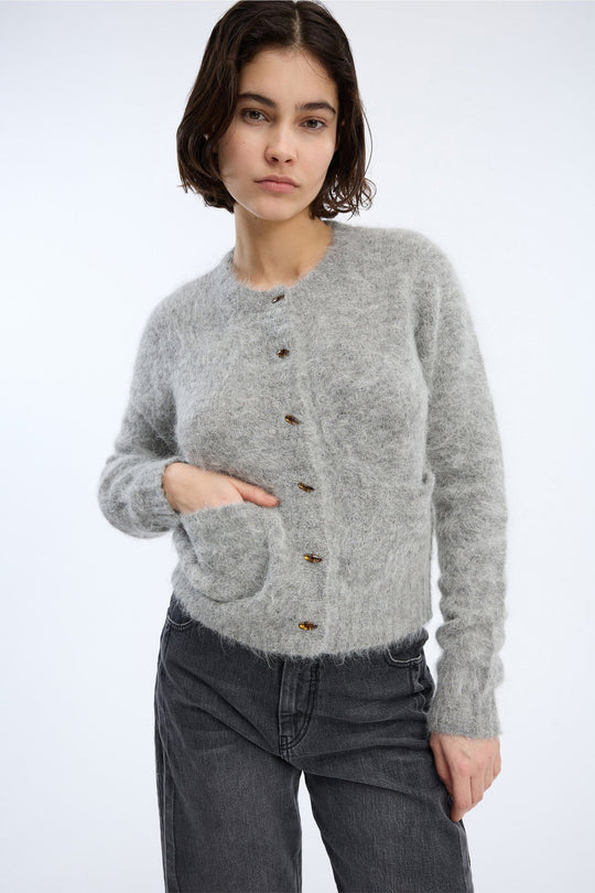 MUNTHE Vovilla Cardigan i grey i blød alpacauldblanding.