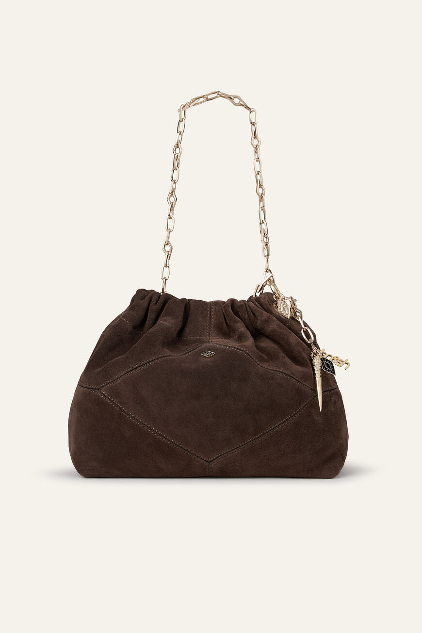 ba&sh Suede Mini June Tote i choco i blødt kalveruskind.