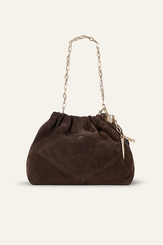 ba&sh Suede Mini June Tote i choco i blødt kalveruskind.