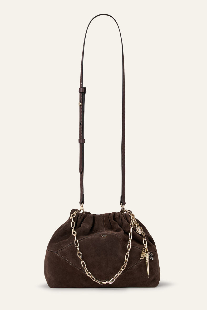  ba&sh Suede Mini June Tote i choco i blødt kalveruskind.
