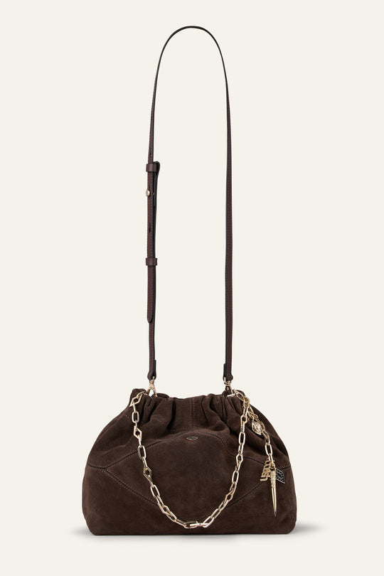  ba&sh Suede Mini June Tote i choco i blødt kalveruskind.
