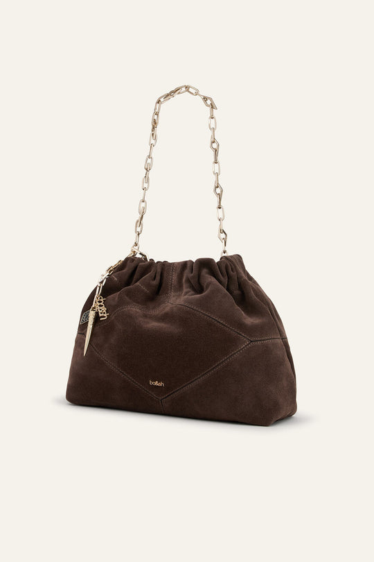 ba&sh Suede Mini June Tote i choco i blødt kalveruskind.
