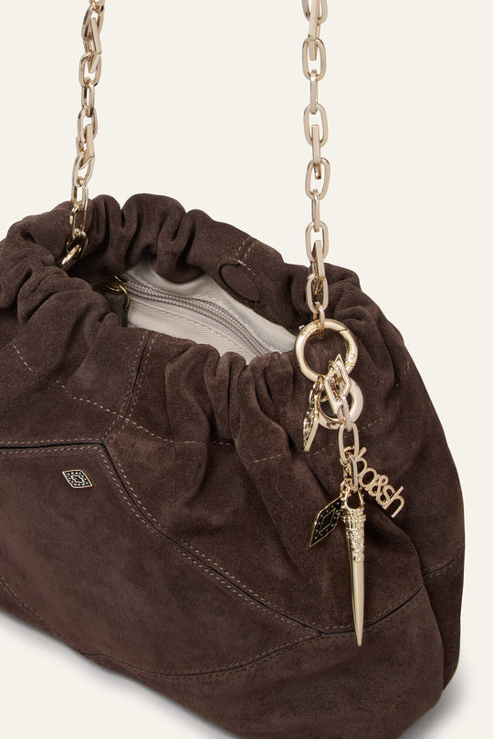 ba&sh Suede Mini June Tote i choco i blødt kalveruskind.