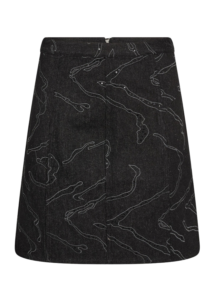 Levete Room LR-Noma 1 Skirt i sort, elegant nederdel med broderet mønster og lynlås bagpå.

