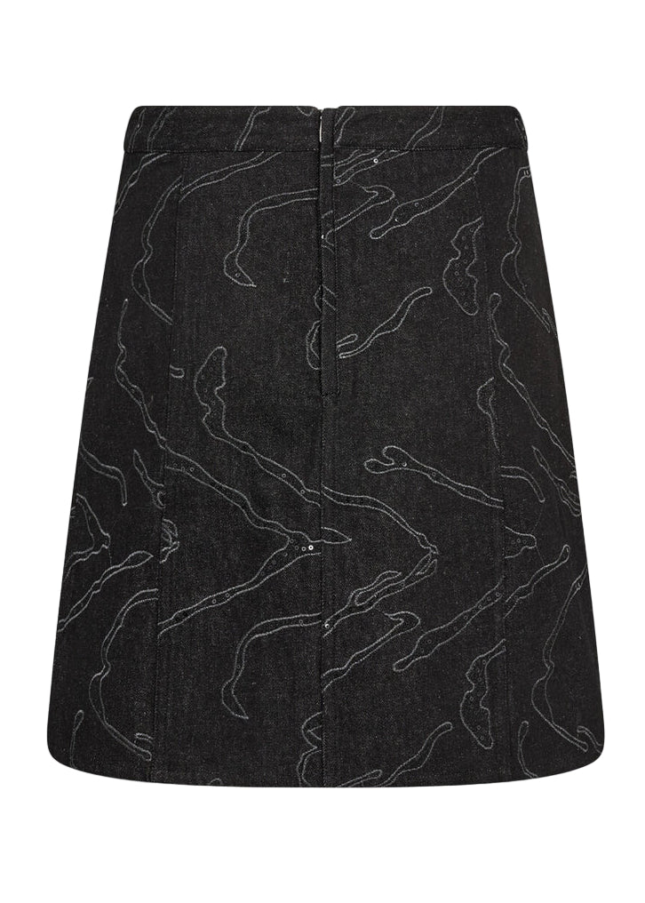 Levete Room LR-Noma 1 Skirt i sort, elegant nederdel med broderet mønster og lynlås bagpå.

