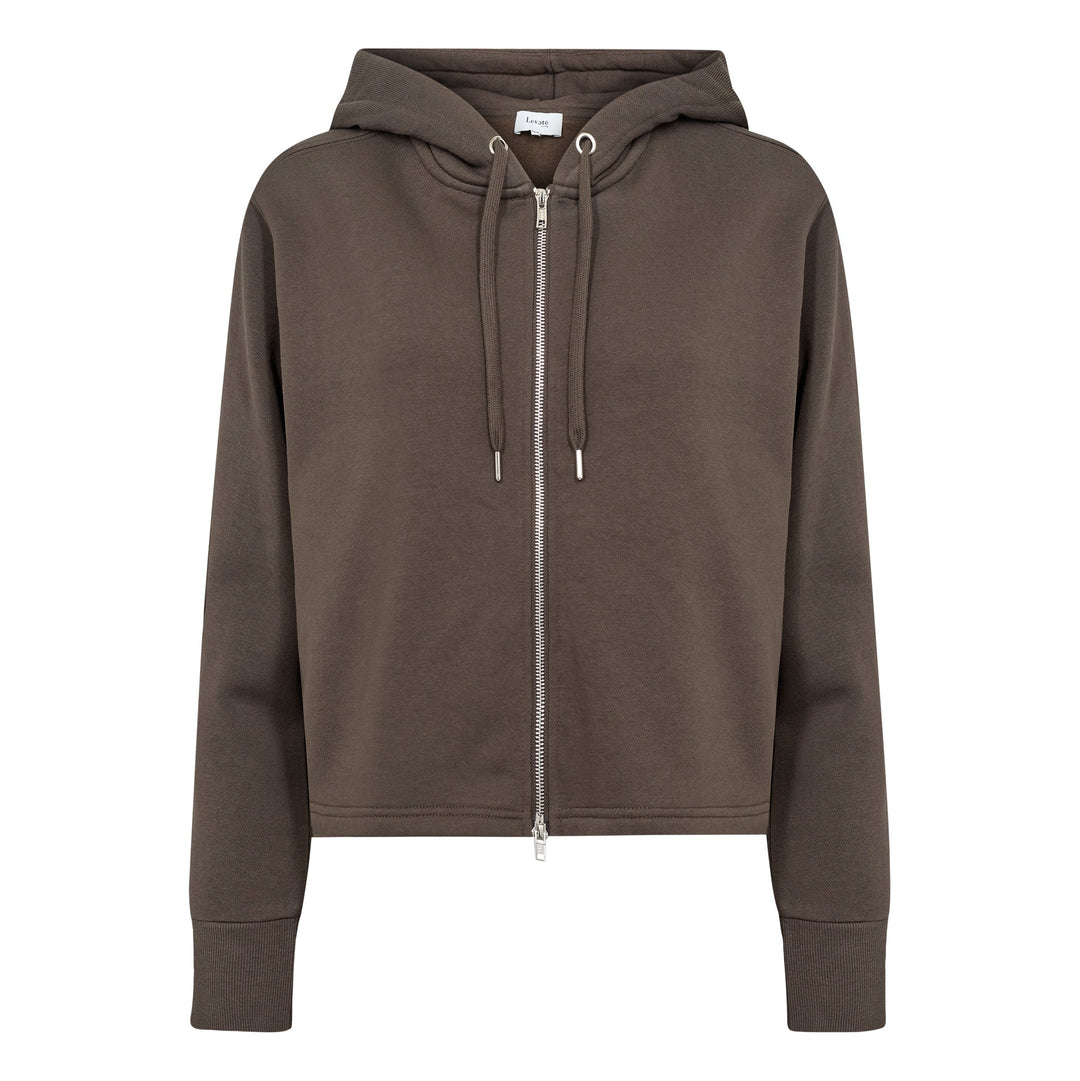 Leveté Room LR-Nuka 9 sweat cardigan i coffee med hætte, lynlås og boxy pasform.  