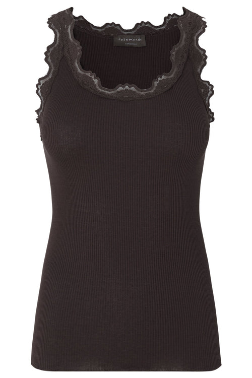 Rosemunde | Silketop | RWBabette Silk SL U-neck Long Lace Top, 5205 mole