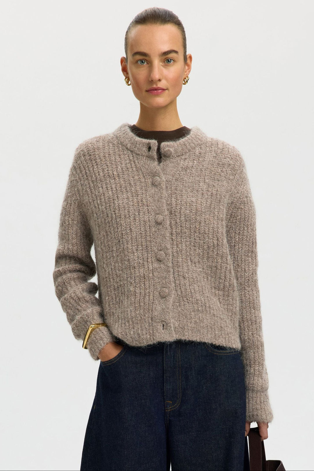 Selected Femme Gabriella cardigan i steel grey – produktbillede forfra