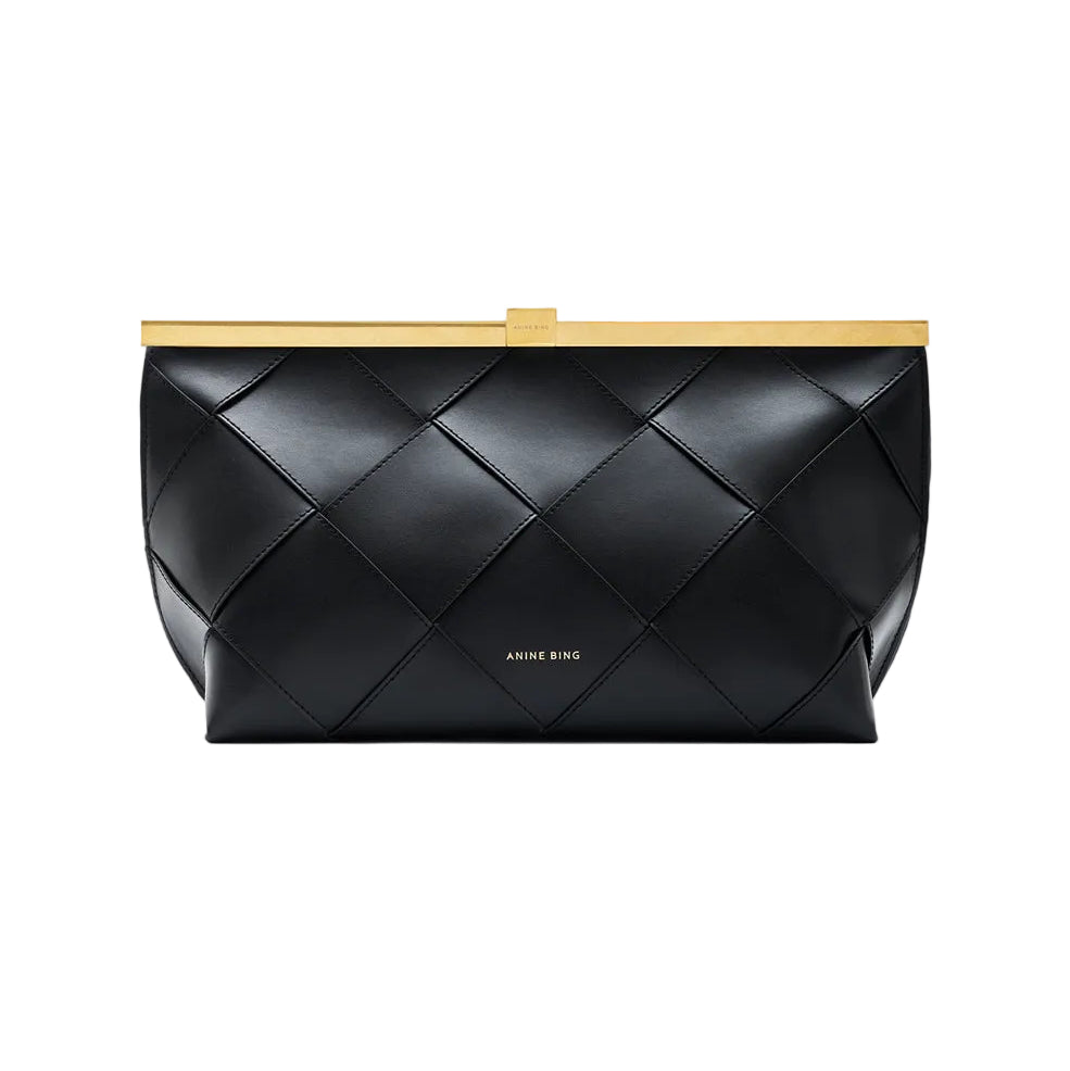 ANINE BING Anine Clutch i sort flettet læder set forfra
