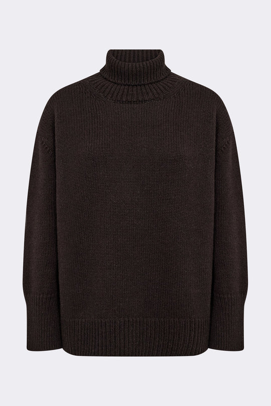 Leveté Room LR-Perle 3 mørkebrun strik i merinould og cashmere set forfra