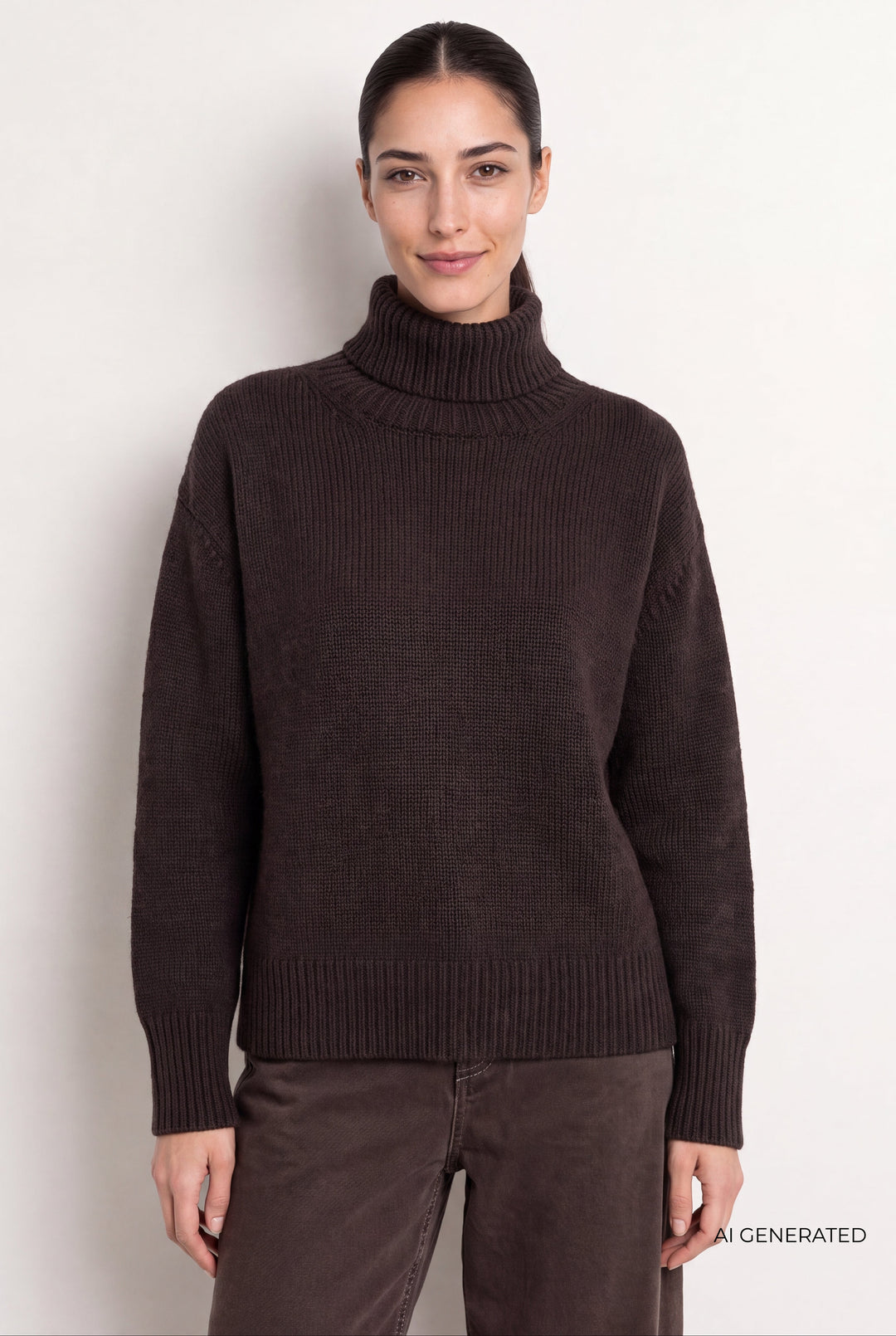 Leveté Room LR-Perle 3 mørkebrun pullover – rullekrave og pasform på model