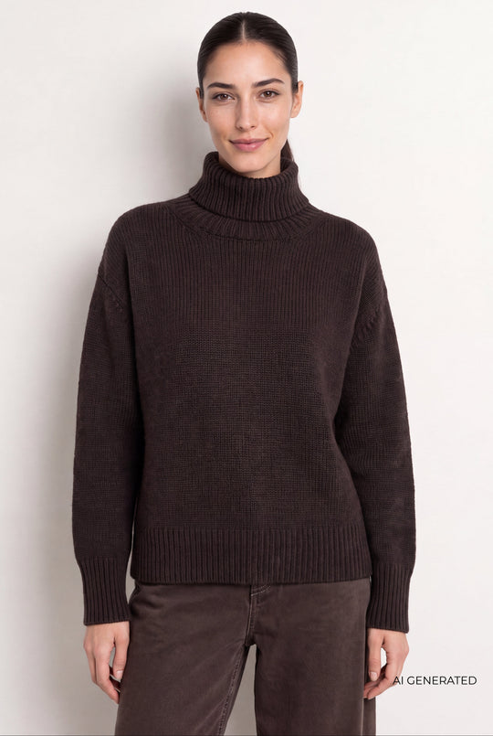 Leveté Room LR-Perle 3 mørkebrun pullover – rullekrave og pasform på model
