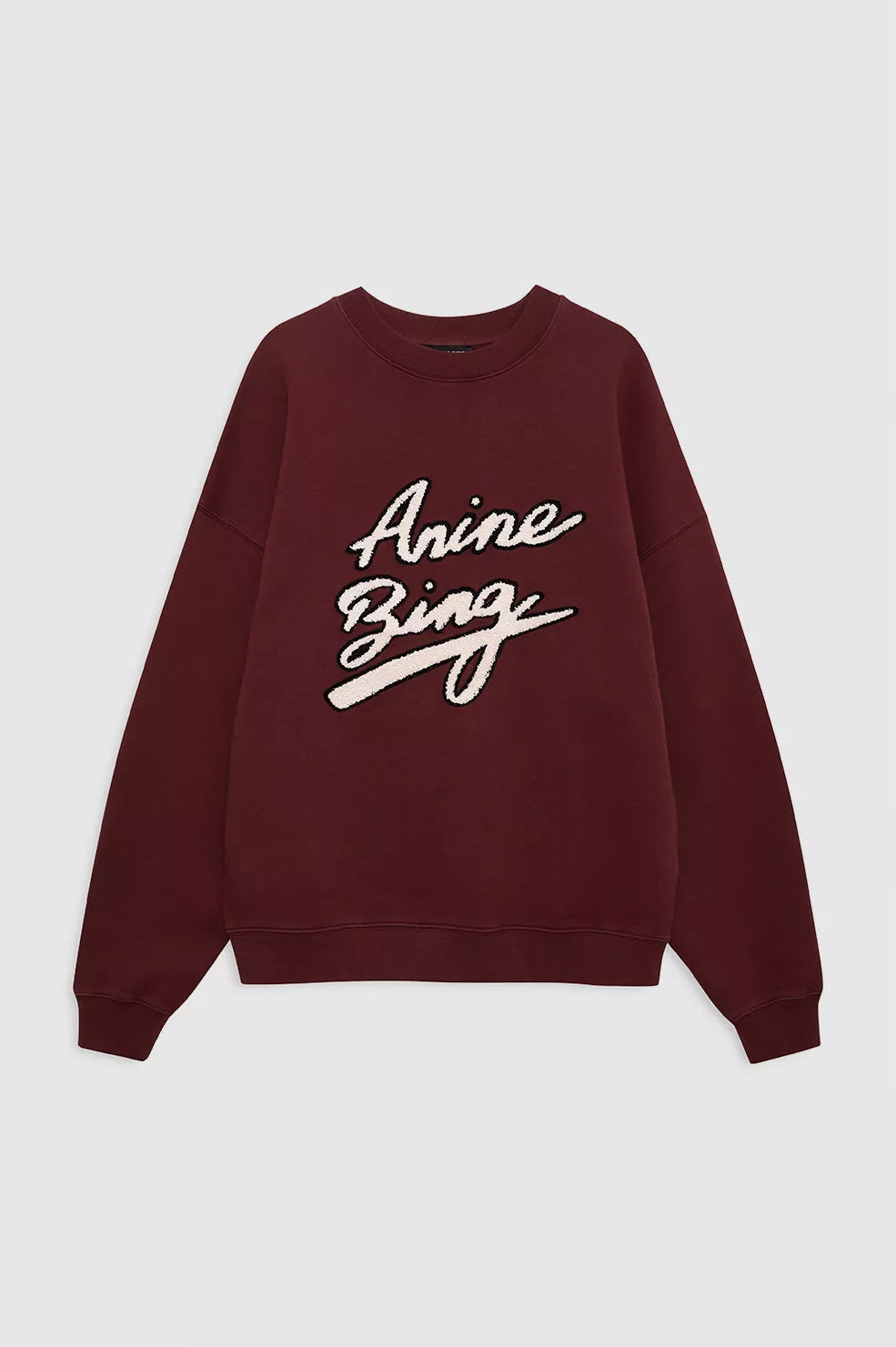 Anine Bing Miles Chenille Signature Sweatshirt i cabernet – oversized crewneck i bomuldsfleece med chenille-logo.

