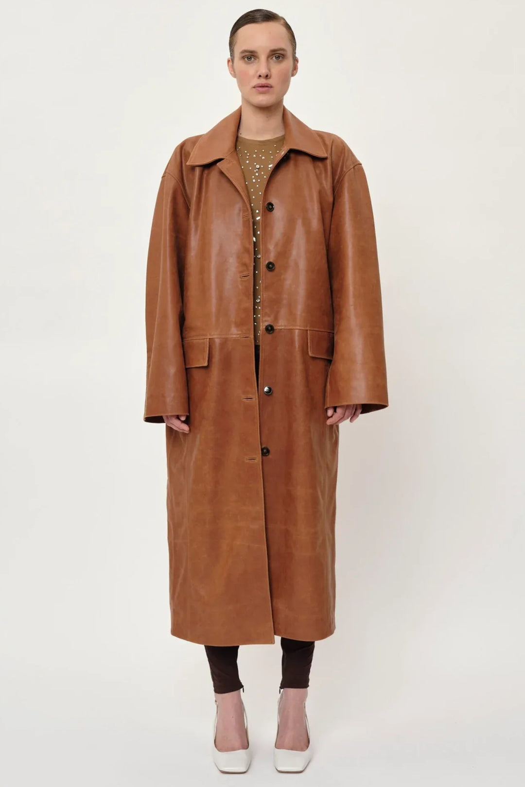 Herskind Halston Leather Coat – Læderfrakke i Cognac med Klassisk Krave