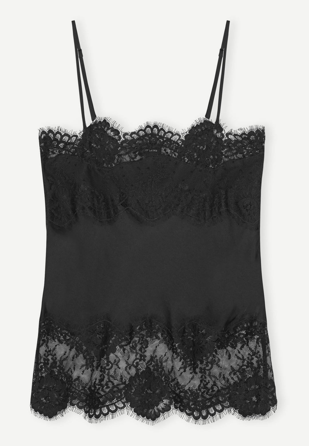 Herskind Linnea Top Black – stroptop med lige udskæring og blondekant foroven og forneden i viskose og rayon.

