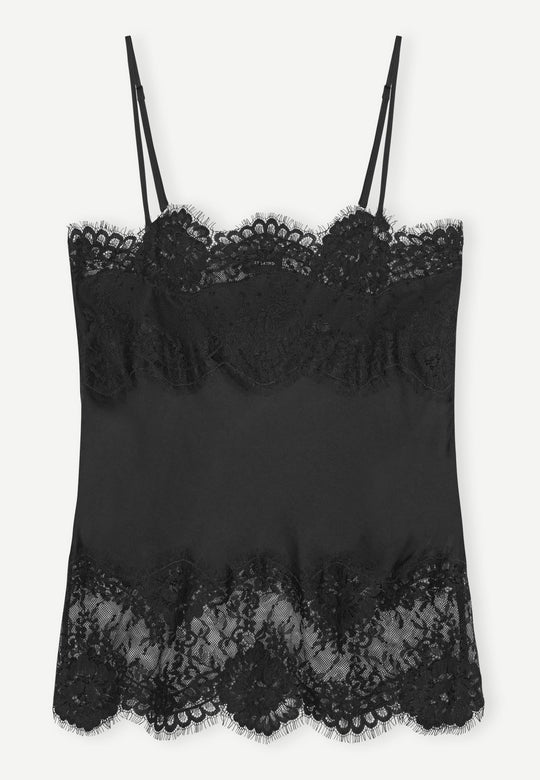 Herskind Linnea Top Black – stroptop med lige udskæring og blondekant foroven og forneden i viskose og rayon.
