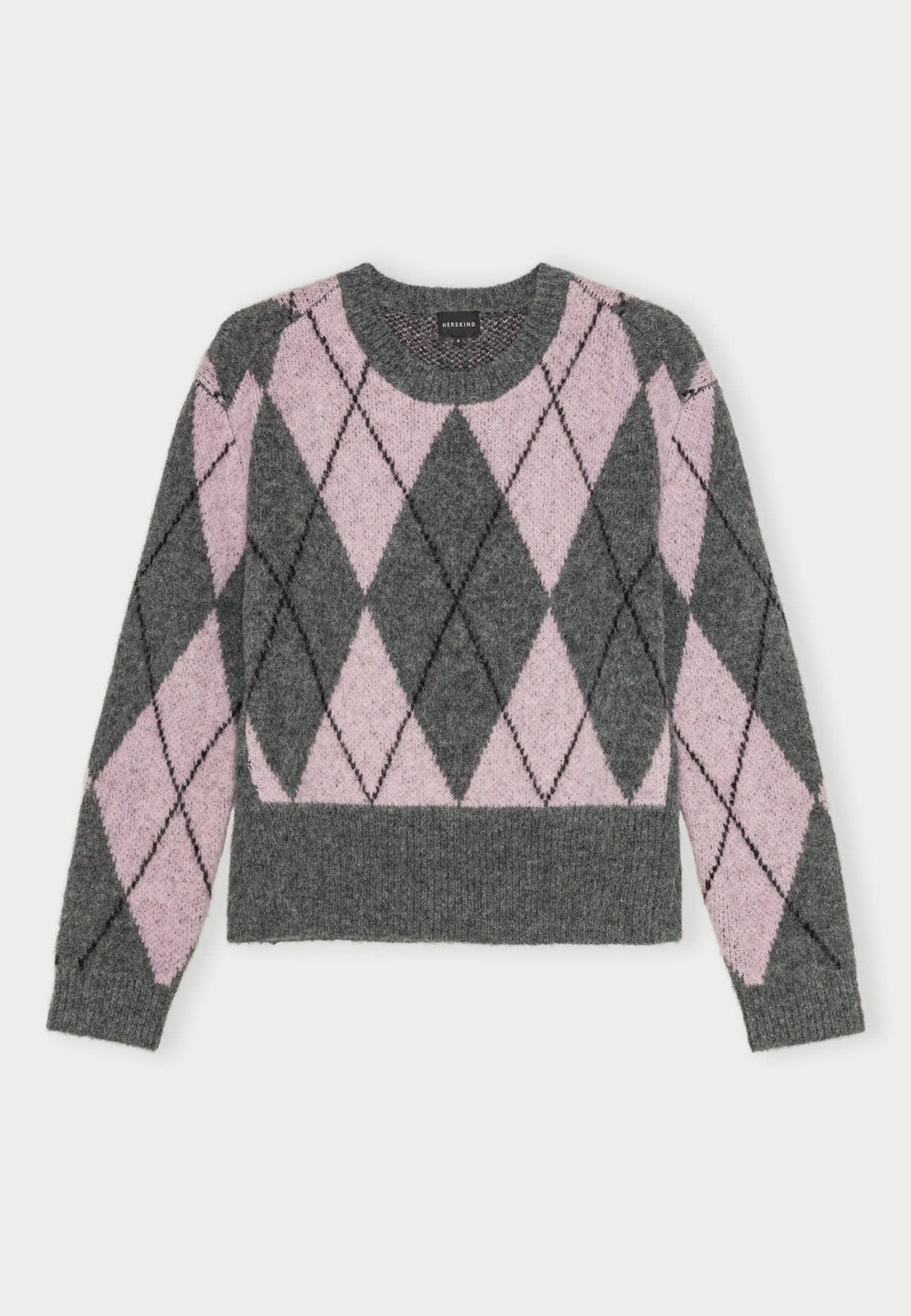 Herskind Carter Strikbluse i Argyle Violet med rund hals og dropped shoulders, lavet af blød alpaca- og uldblanding.