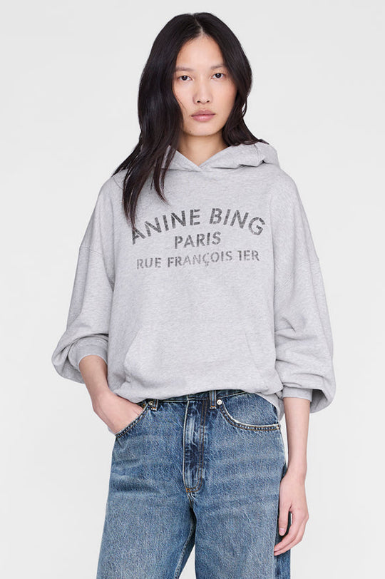 Anine Bing Harvey Sweatshirt Paris Stencil i heather grey med tonalt ANINE BING-logo.