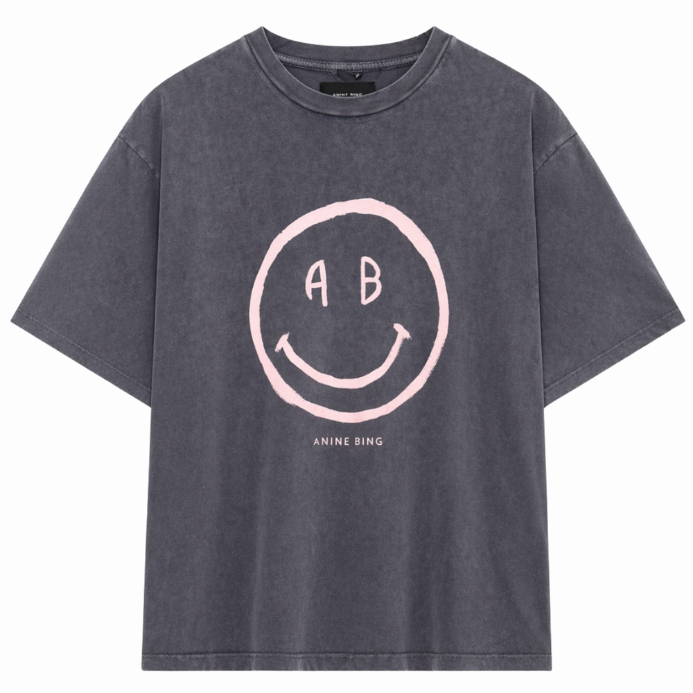ANINE BING Cade Tee Smiley i grå med smiley-print og grafisk rygprint.