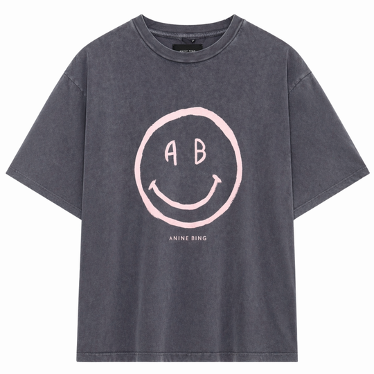 ANINE BING Cade Tee Smiley i grå med smiley-print og grafisk rygprint.