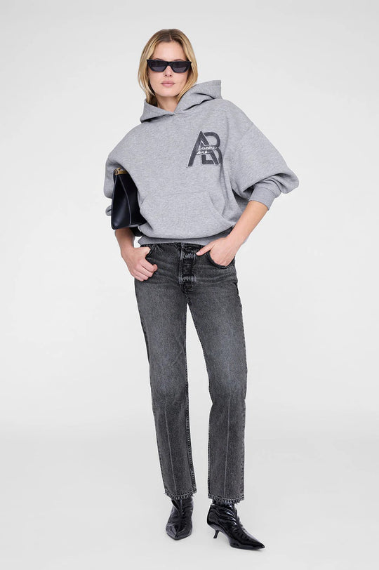 ANINE BING Jaci Hoodie Letterman i medium heather grey, oversized hættetrøje i 100% bomuld med sporty Letterman-print.